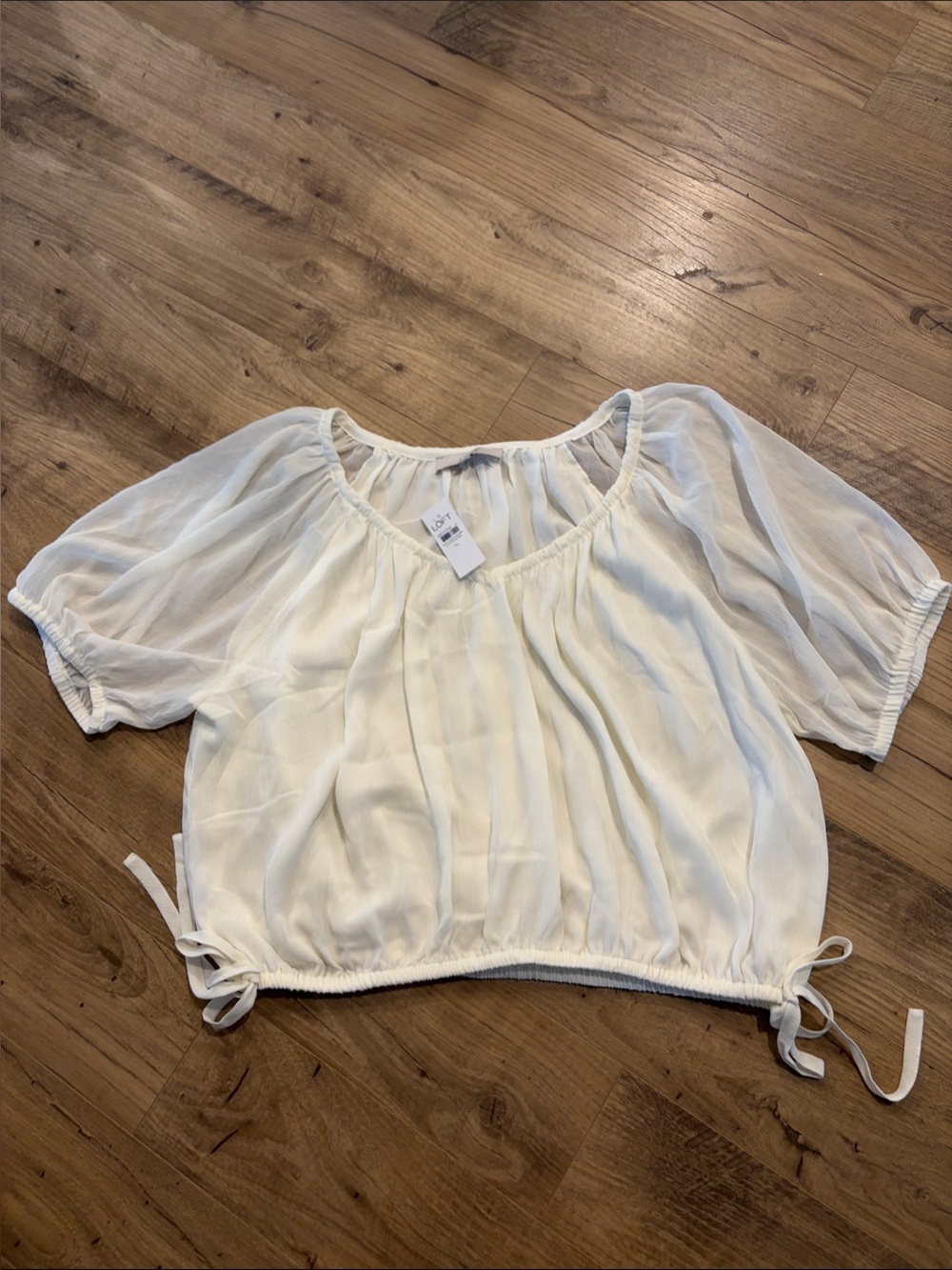 LOFT Cream Short-Sleeve Peasant Top with Tie Hem
